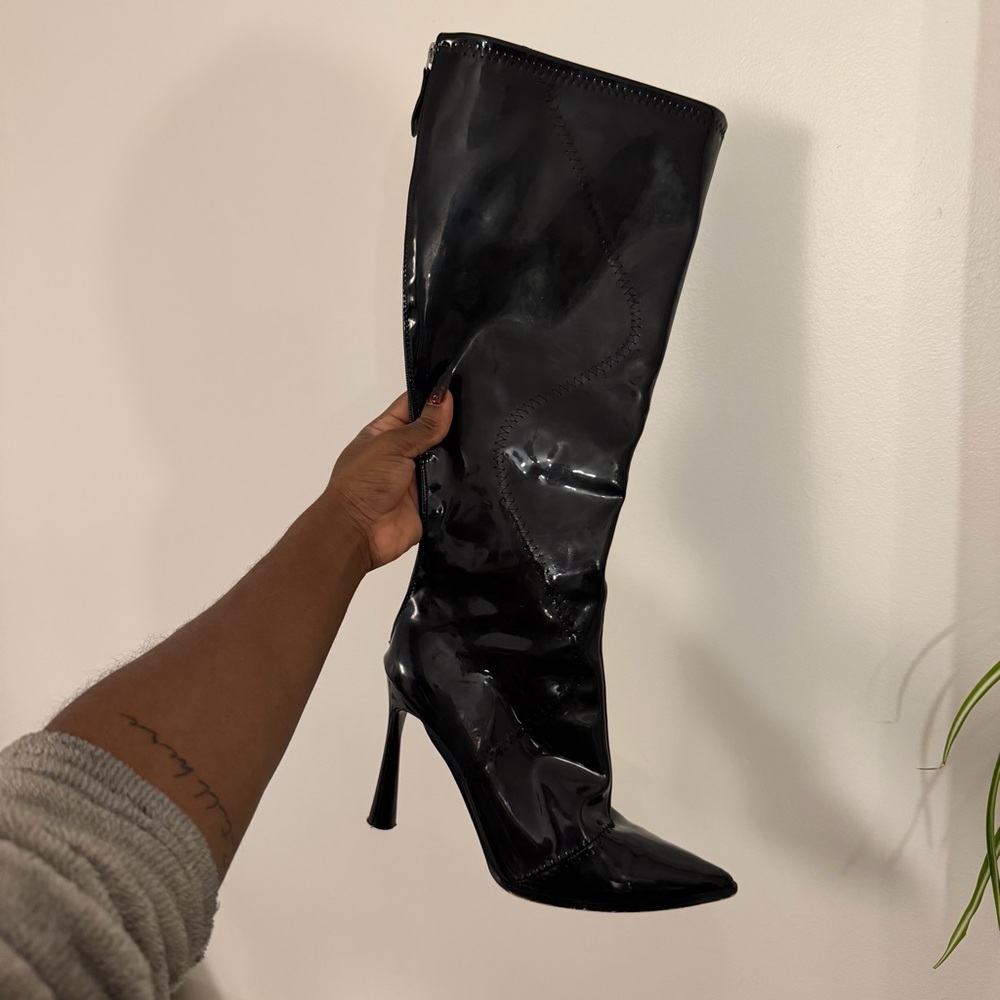 Black Patent Leather Knee-High Boots - Picture 2 of 7